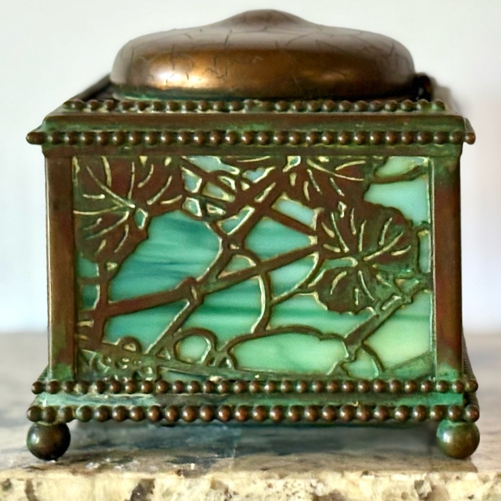 Tiffany Designs Green and Bronze Floral Inkwell